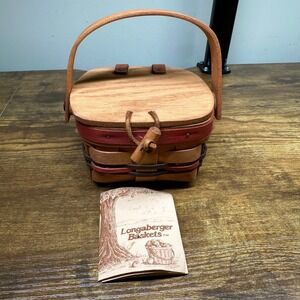 Vintage 1989 Longaberger Small Basket with Wood Lid Leather Hinges Dresden Ohio